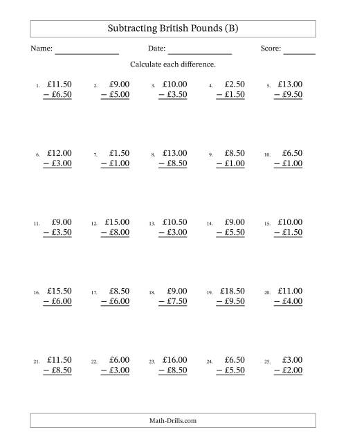 The Subtracting British Pounds With Amounts from 0.50 to 9.50 in Increments of Fifty Pence (B) Math Worksheet