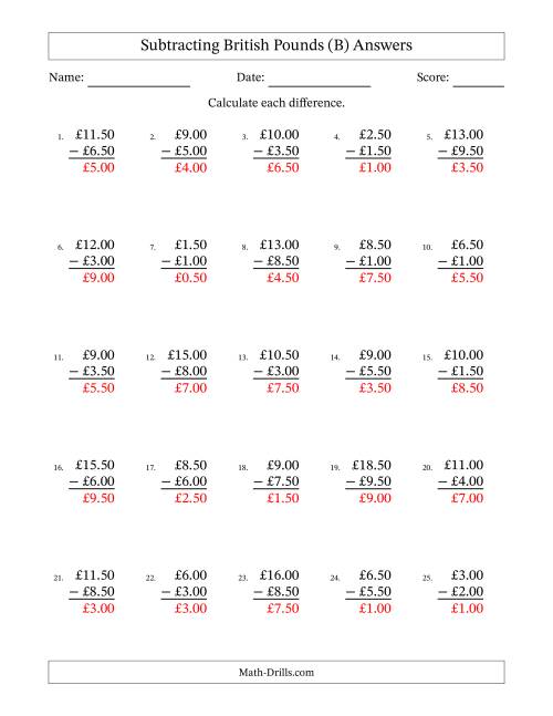 The Subtracting British Pounds With Amounts from 0.50 to 9.50 in Increments of Fifty Pence (B) Math Worksheet Page 2