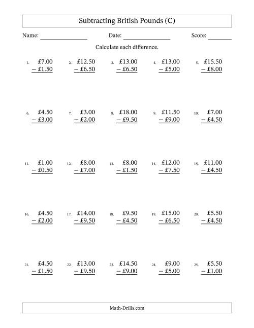 The Subtracting British Pounds With Amounts from 0.50 to 9.50 in Increments of Fifty Pence (C) Math Worksheet