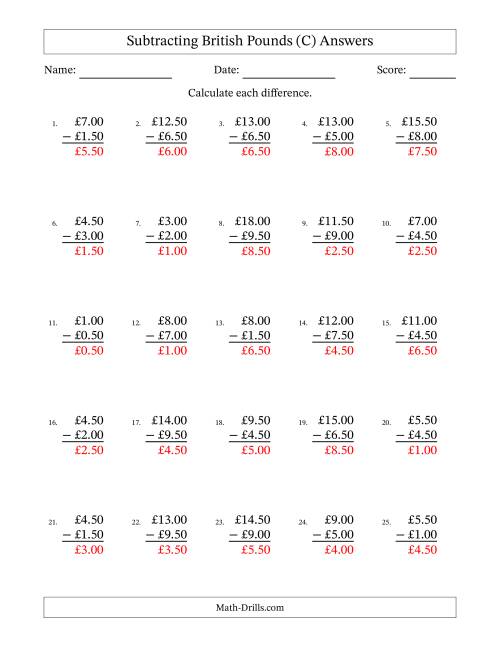 The Subtracting British Pounds With Amounts from 0.50 to 9.50 in Increments of Fifty Pence (C) Math Worksheet Page 2