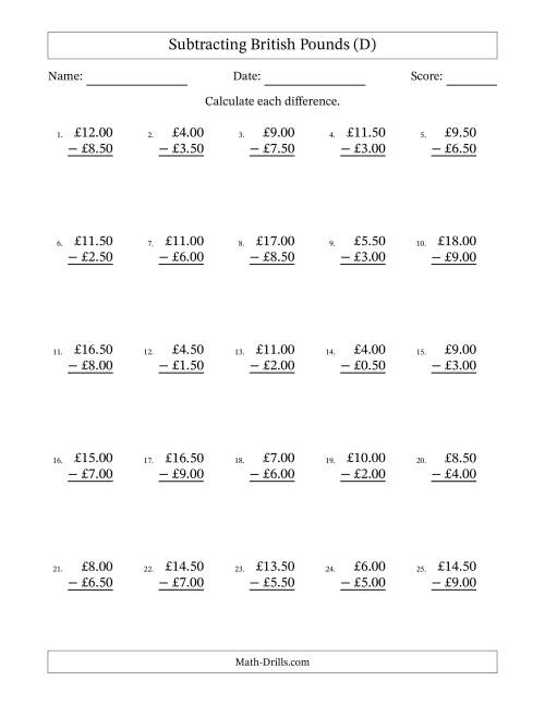 The Subtracting British Pounds With Amounts from 0.50 to 9.50 in Increments of Fifty Pence (D) Math Worksheet