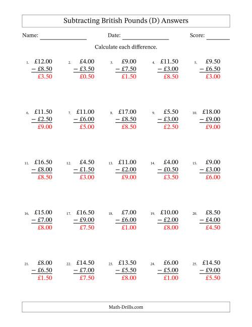 The Subtracting British Pounds With Amounts from 0.50 to 9.50 in Increments of Fifty Pence (D) Math Worksheet Page 2