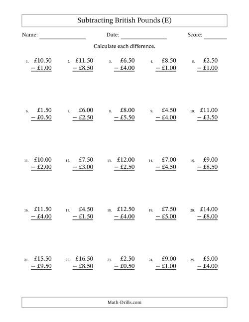 The Subtracting British Pounds With Amounts from 0.50 to 9.50 in Increments of Fifty Pence (E) Math Worksheet