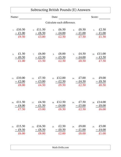 The Subtracting British Pounds With Amounts from 0.50 to 9.50 in Increments of Fifty Pence (E) Math Worksheet Page 2