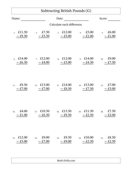 The Subtracting British Pounds With Amounts from 0.50 to 9.50 in Increments of Fifty Pence (G) Math Worksheet