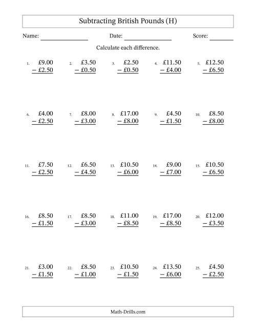 The Subtracting British Pounds With Amounts from 0.50 to 9.50 in Increments of Fifty Pence (H) Math Worksheet