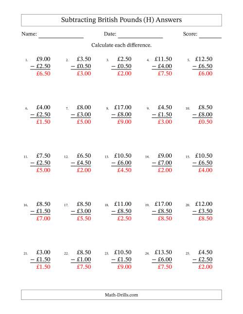 The Subtracting British Pounds With Amounts from 0.50 to 9.50 in Increments of Fifty Pence (H) Math Worksheet Page 2