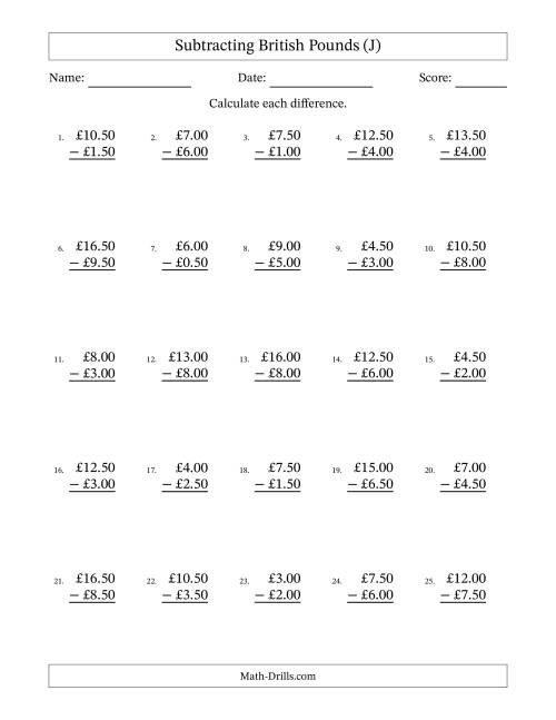 The Subtracting British Pounds With Amounts from 0.50 to 9.50 in Increments of Fifty Pence (J) Math Worksheet