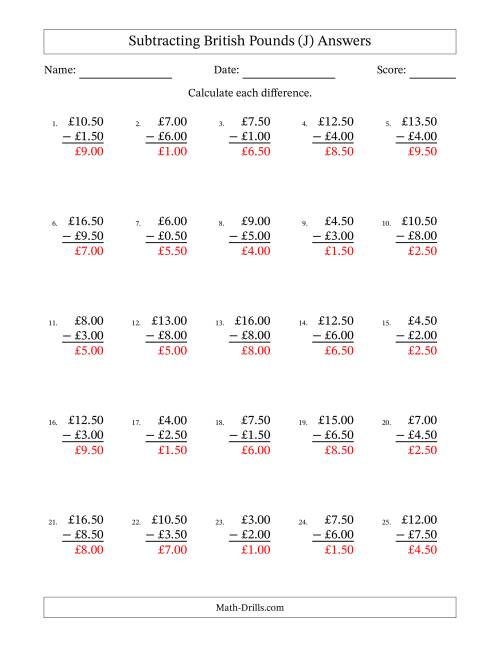 The Subtracting British Pounds With Amounts from 0.50 to 9.50 in Increments of Fifty Pence (J) Math Worksheet Page 2