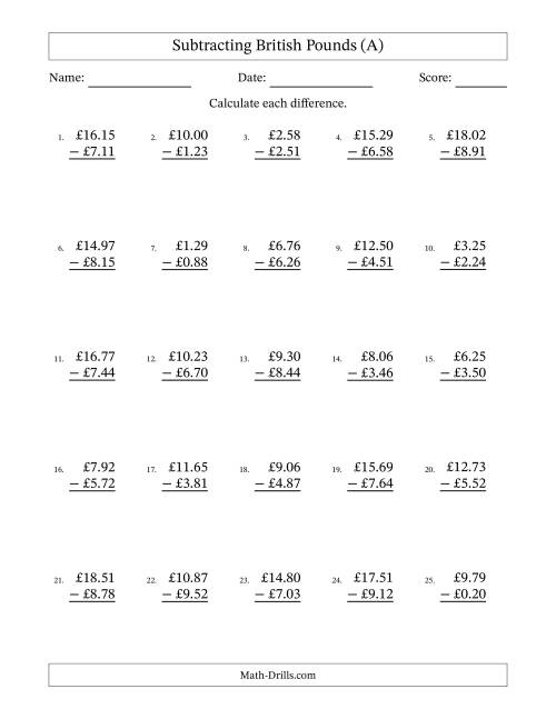 The Subtracting British Pounds With Amounts from 0.01 to 9.99 in Increments of One Pence (A) Math Worksheet