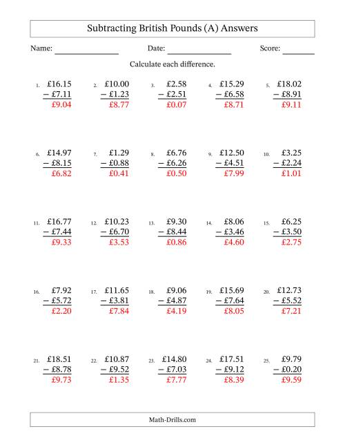 The Subtracting British Pounds With Amounts from 0.01 to 9.99 in Increments of One Pence (A) Math Worksheet Page 2