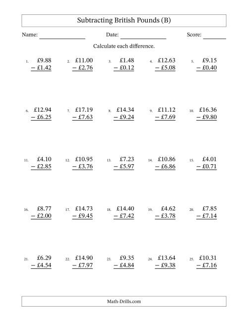 The Subtracting British Pounds With Amounts from 0.01 to 9.99 in Increments of One Pence (B) Math Worksheet