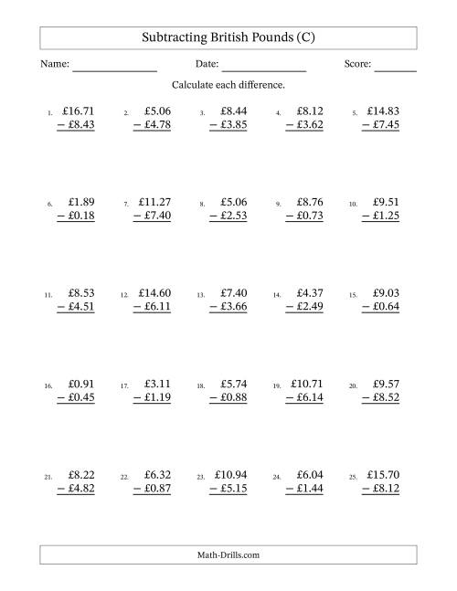 The Subtracting British Pounds With Amounts from 0.01 to 9.99 in Increments of One Pence (C) Math Worksheet