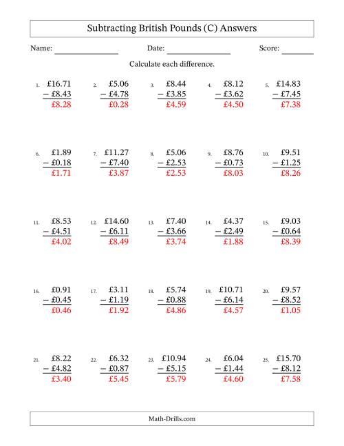 The Subtracting British Pounds With Amounts from 0.01 to 9.99 in Increments of One Pence (C) Math Worksheet Page 2