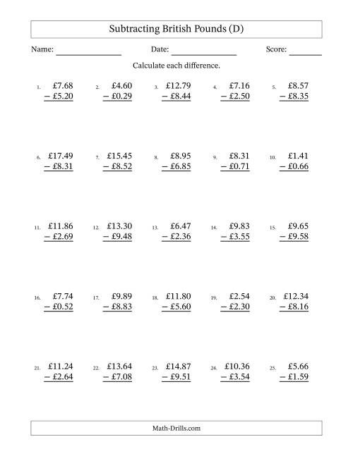 The Subtracting British Pounds With Amounts from 0.01 to 9.99 in Increments of One Pence (D) Math Worksheet