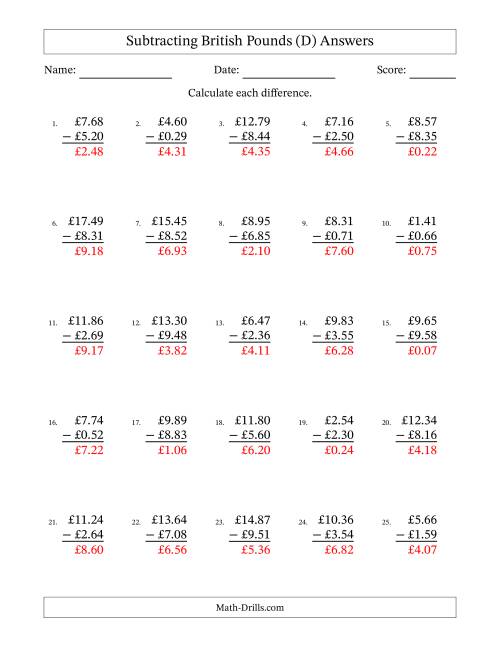 The Subtracting British Pounds With Amounts from 0.01 to 9.99 in Increments of One Pence (D) Math Worksheet Page 2