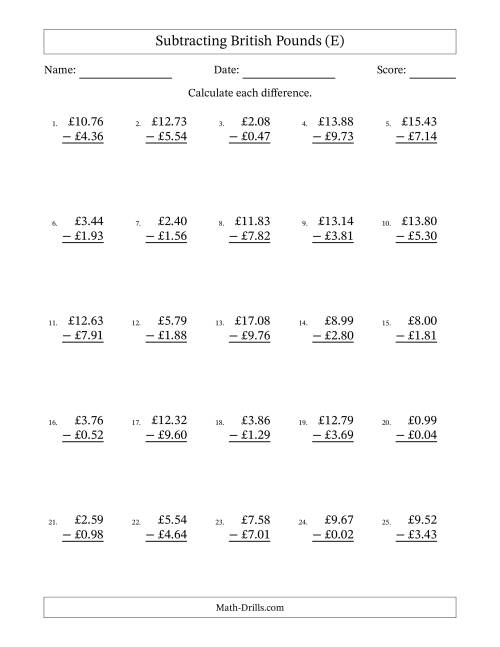 The Subtracting British Pounds With Amounts from 0.01 to 9.99 in Increments of One Pence (E) Math Worksheet