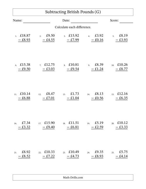 The Subtracting British Pounds With Amounts from 0.01 to 9.99 in Increments of One Pence (G) Math Worksheet