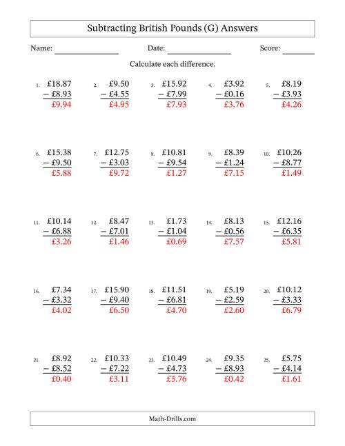 The Subtracting British Pounds With Amounts from 0.01 to 9.99 in Increments of One Pence (G) Math Worksheet Page 2