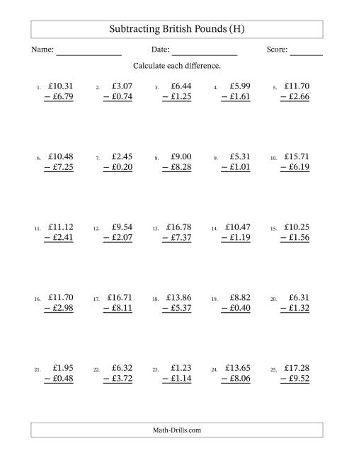 The Subtracting British Pounds With Amounts from 0.01 to 9.99 in Increments of One Pence (H) Math Worksheet