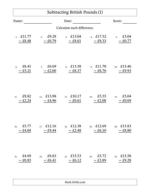 The Subtracting British Pounds With Amounts from 0.01 to 9.99 in Increments of One Pence (I) Math Worksheet