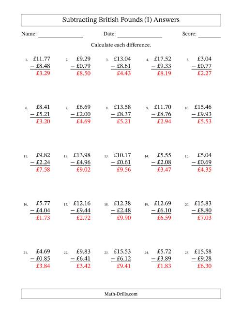 The Subtracting British Pounds With Amounts from 0.01 to 9.99 in Increments of One Pence (I) Math Worksheet Page 2