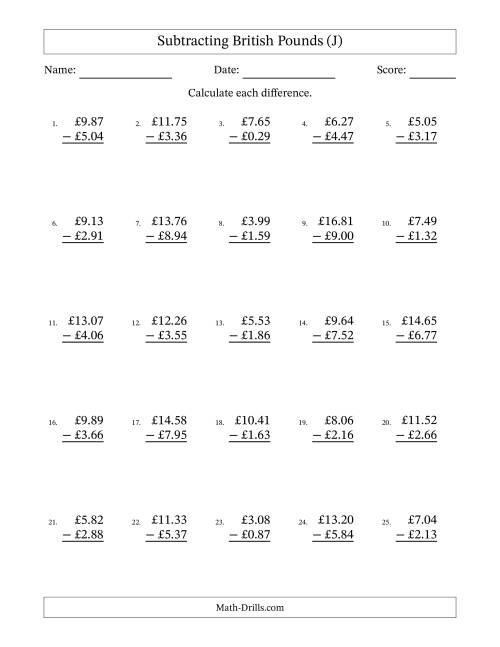 The Subtracting British Pounds With Amounts from 0.01 to 9.99 in Increments of One Pence (J) Math Worksheet