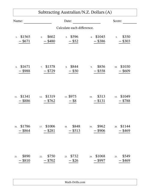 The Subtracting Australian/N.Z. Dollars With Amounts from 1 to 999 in Increments of One Dollar (A) Math Worksheet