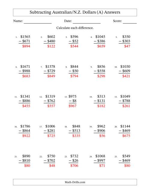 The Subtracting Australian/N.Z. Dollars With Amounts from 1 to 999 in Increments of One Dollar (A) Math Worksheet Page 2