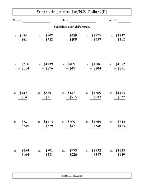 The Subtracting Australian/N.Z. Dollars With Amounts from 1 to 999 in Increments of One Dollar (B) Math Worksheet