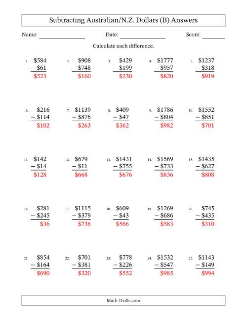 The Subtracting Australian/N.Z. Dollars With Amounts from 1 to 999 in Increments of One Dollar (B) Math Worksheet Page 2