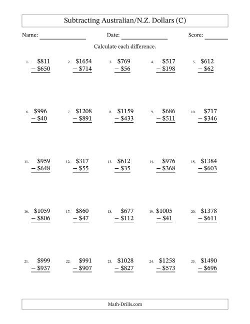 The Subtracting Australian/N.Z. Dollars With Amounts from 1 to 999 in Increments of One Dollar (C) Math Worksheet