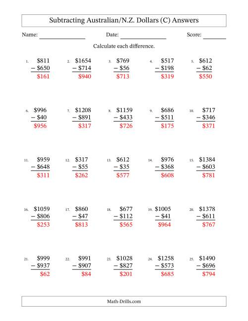 The Subtracting Australian/N.Z. Dollars With Amounts from 1 to 999 in Increments of One Dollar (C) Math Worksheet Page 2