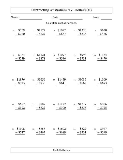 The Subtracting Australian/N.Z. Dollars With Amounts from 1 to 999 in Increments of One Dollar (D) Math Worksheet