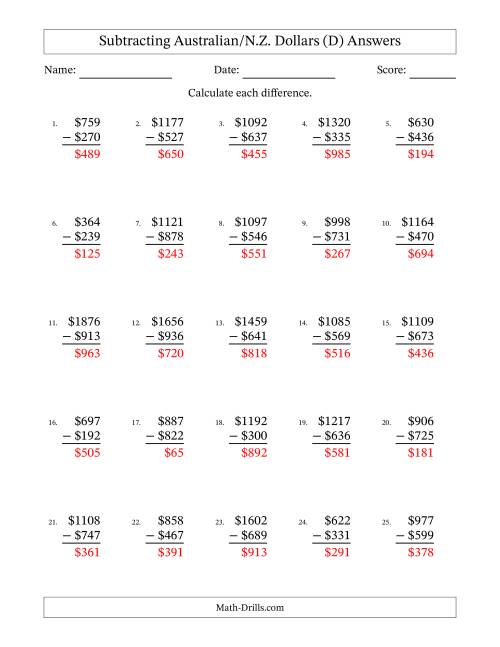 The Subtracting Australian/N.Z. Dollars With Amounts from 1 to 999 in Increments of One Dollar (D) Math Worksheet Page 2