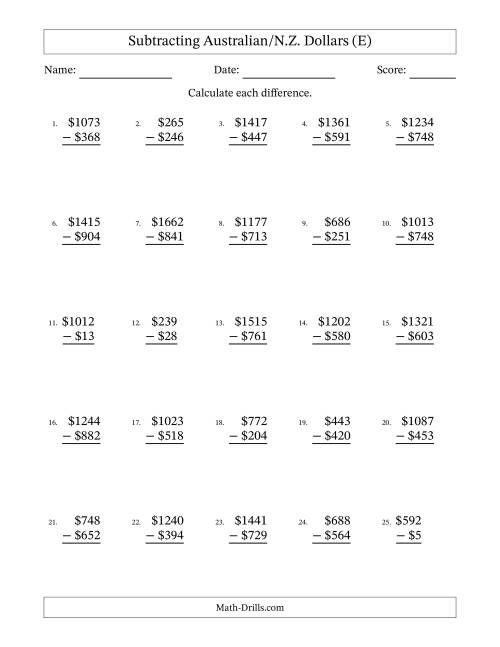 The Subtracting Australian/N.Z. Dollars With Amounts from 1 to 999 in Increments of One Dollar (E) Math Worksheet