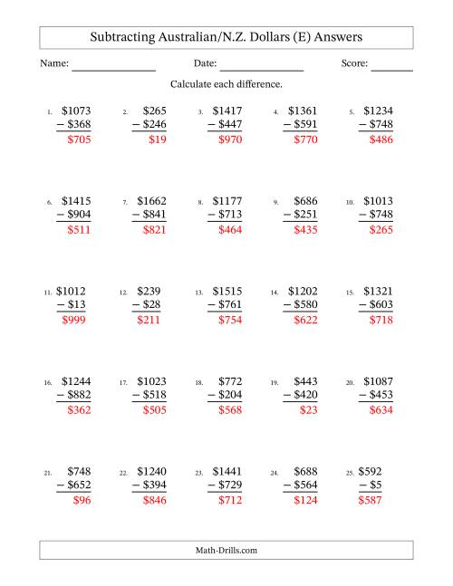 The Subtracting Australian/N.Z. Dollars With Amounts from 1 to 999 in Increments of One Dollar (E) Math Worksheet Page 2