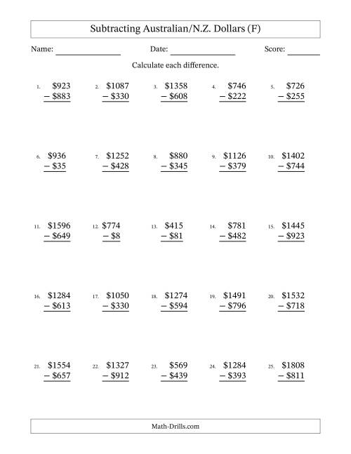 The Subtracting Australian/N.Z. Dollars With Amounts from 1 to 999 in Increments of One Dollar (F) Math Worksheet