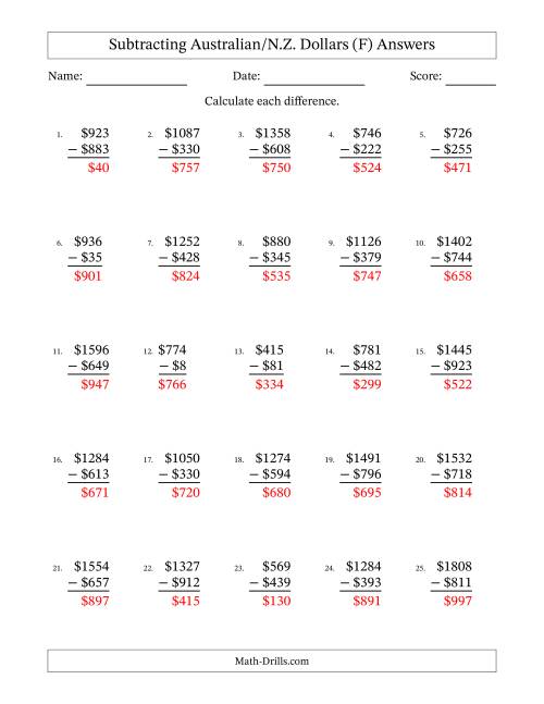 The Subtracting Australian/N.Z. Dollars With Amounts from 1 to 999 in Increments of One Dollar (F) Math Worksheet Page 2