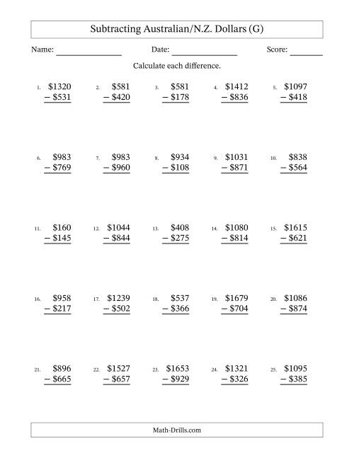 The Subtracting Australian/N.Z. Dollars With Amounts from 1 to 999 in Increments of One Dollar (G) Math Worksheet