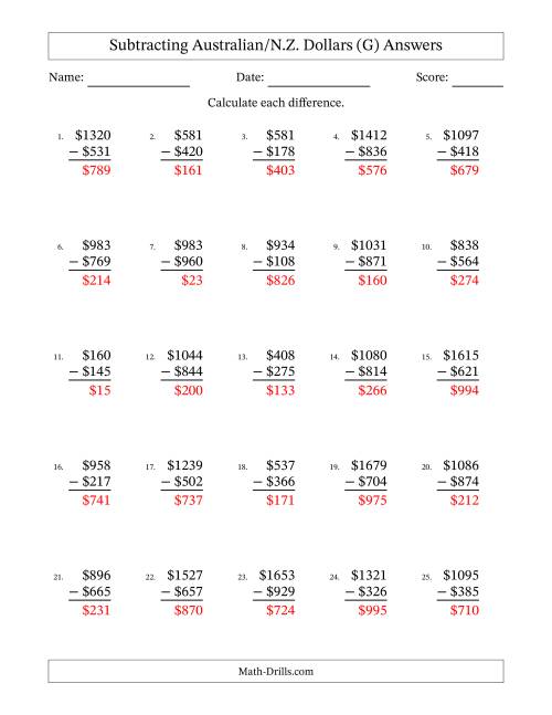 The Subtracting Australian/N.Z. Dollars With Amounts from 1 to 999 in Increments of One Dollar (G) Math Worksheet Page 2