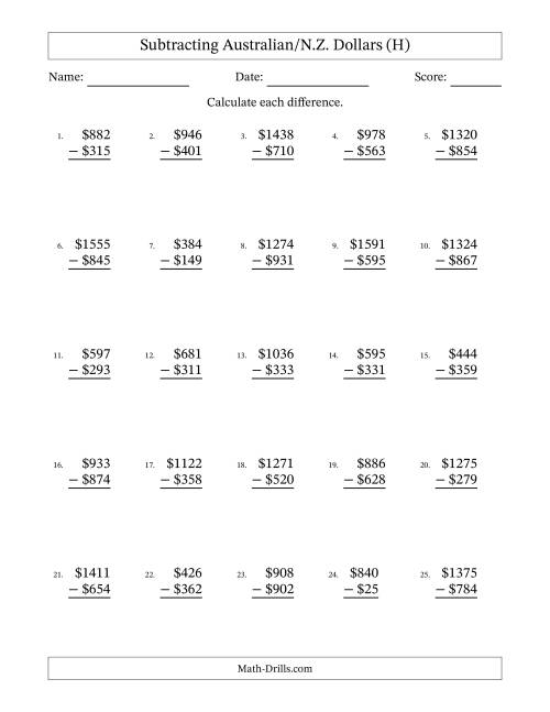 The Subtracting Australian/N.Z. Dollars With Amounts from 1 to 999 in Increments of One Dollar (H) Math Worksheet