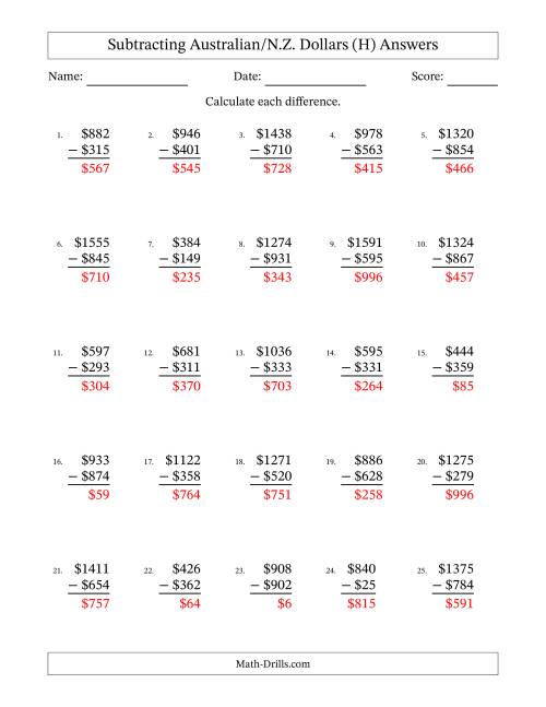 The Subtracting Australian/N.Z. Dollars With Amounts from 1 to 999 in Increments of One Dollar (H) Math Worksheet Page 2