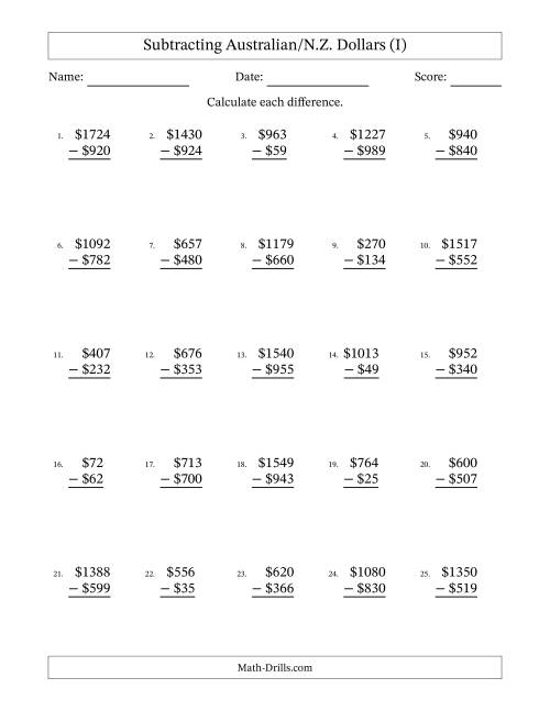 The Subtracting Australian/N.Z. Dollars With Amounts from 1 to 999 in Increments of One Dollar (I) Math Worksheet