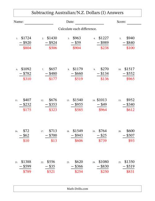 The Subtracting Australian/N.Z. Dollars With Amounts from 1 to 999 in Increments of One Dollar (I) Math Worksheet Page 2