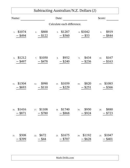 The Subtracting Australian/N.Z. Dollars With Amounts from 1 to 999 in Increments of One Dollar (J) Math Worksheet