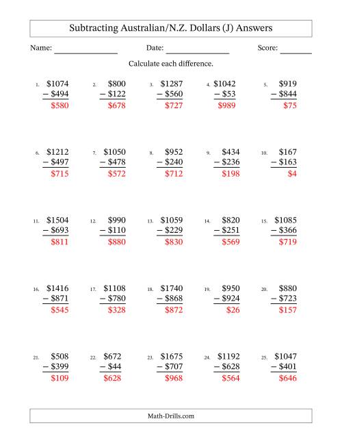 The Subtracting Australian/N.Z. Dollars With Amounts from 1 to 999 in Increments of One Dollar (J) Math Worksheet Page 2