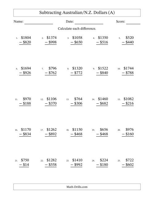 The Subtracting Australian/N.Z. Dollars With Amounts from 2 to 998 in Increments of Two Dollars (A) Math Worksheet