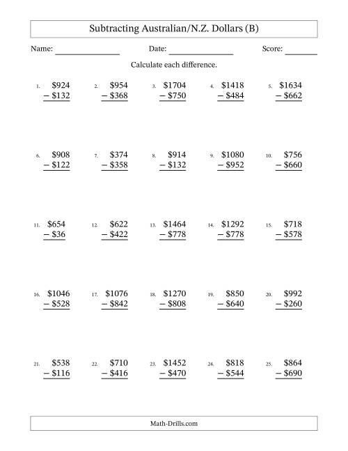 The Subtracting Australian/N.Z. Dollars With Amounts from 2 to 998 in Increments of Two Dollars (B) Math Worksheet