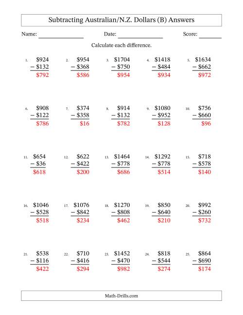 The Subtracting Australian/N.Z. Dollars With Amounts from 2 to 998 in Increments of Two Dollars (B) Math Worksheet Page 2